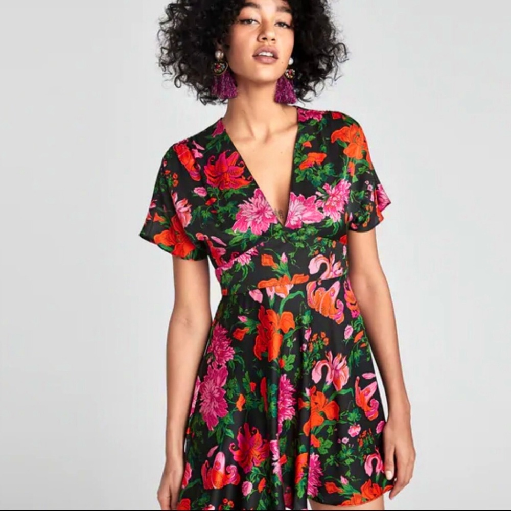 Zara Deep V Neck Pink and Red Floral Mini Dress
